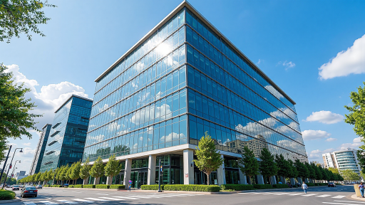 现代化商务写字楼外景,玻璃幕墙建筑,标识清晰可见,周围绿化良好