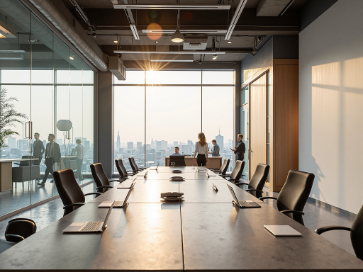 现代化办公环境,宽敞明亮的会议室,员工正在讨论项目方案,简洁现代装修风格