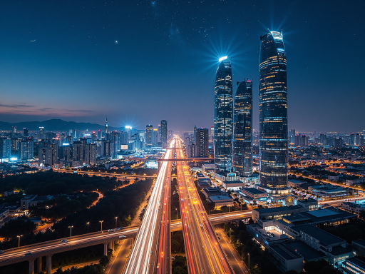 现代化城市天际线夜景,高楼大厦灯火通明,象征未来发展和希望